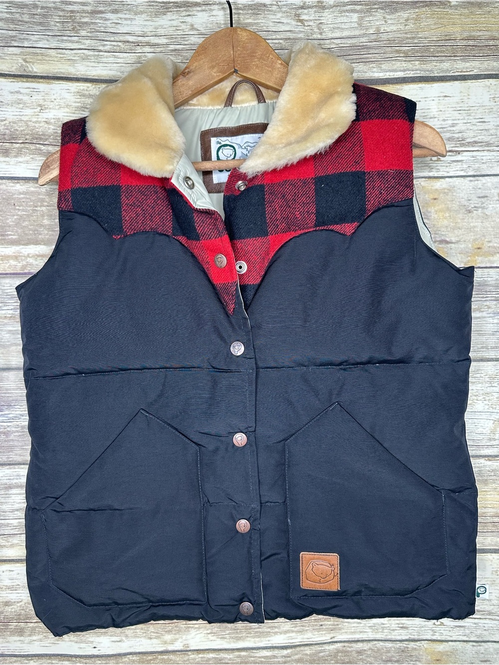 Penfield S Stapleton vintage 60/40 vest red check down full fur collar